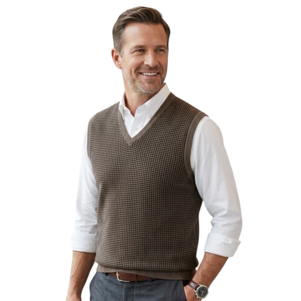 Brooks Brothers XL Brown Houndstooth Merino Wool Sweater Vest Fine Italian
U